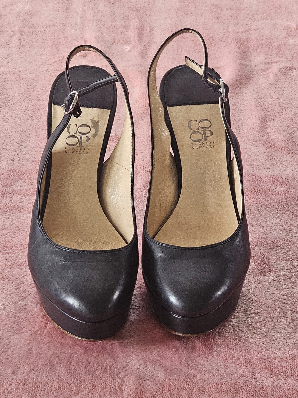 Size 6.5 Barneys New York Black Leather Platform Slingback Pumps Size 37 - Picture 16 of 16